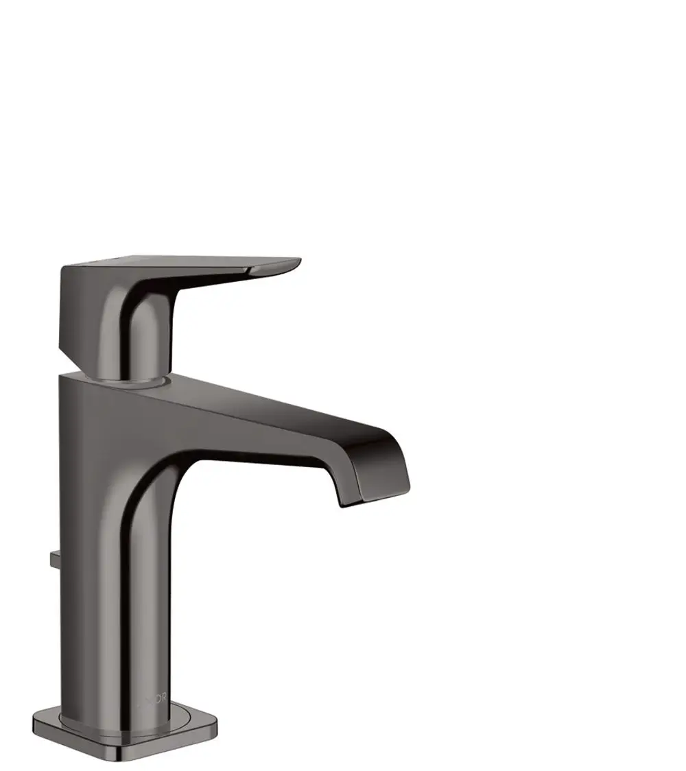 Einhebel-Waschtischmischer von AXOR in Polished Black Chrome mit Hebelgriff und Zugstangen-Ablaufgarnitur, präsentiert in minimalistischer Form.